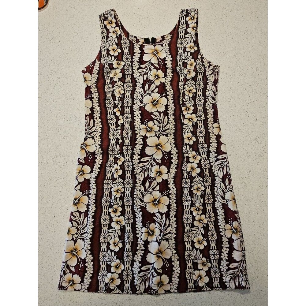 Hawaiian Flavor Tapa Cloth Print Dress M Brown Handmade Sleeveless Cotton Floral - Picture 3 of 16